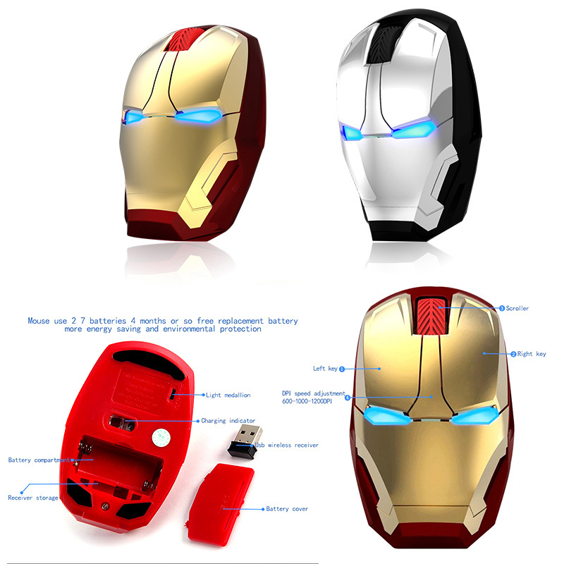 Iron Man Wireless Mouse Silent Optical Gaming Mouse 2.4Ghz Ergonomic Gamer Computer Mice 1600 DPI for PC Laptop Desktop