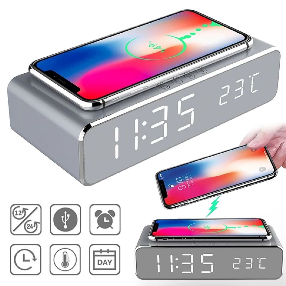 Hot  sell Multifunctional 3 in 1 clock Wireless phone  charger with LED office Lamp +temperature display