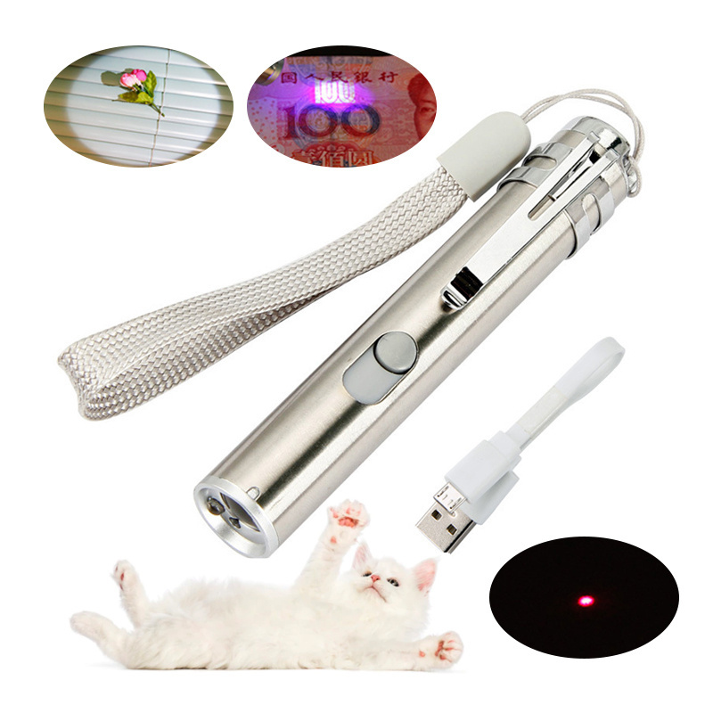 Customize made cat USB charging laser mini portable multi function pattern red&UV light flashlight interactive pen pointer toy