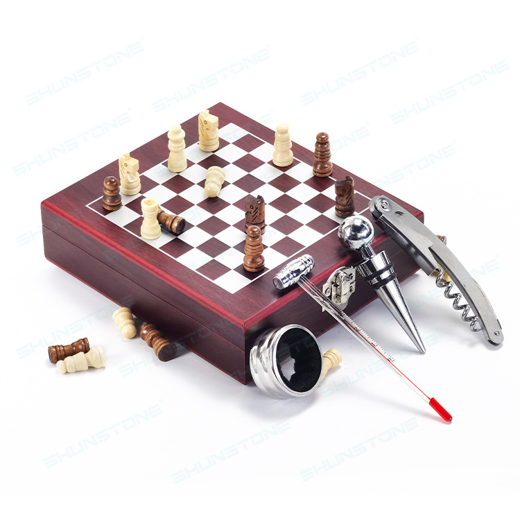 Wholesale High Quality Stainless Steel Wine Corkscrew Opener Gift Set With Chess Wine Accessories Bar Tools Wooden Box