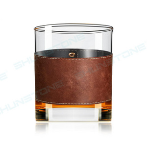 New Round Crystal Whiskey Glass With Leather Glass Cup Sleeve personalized whiskey glasses For Whiskey Bourbon Lover