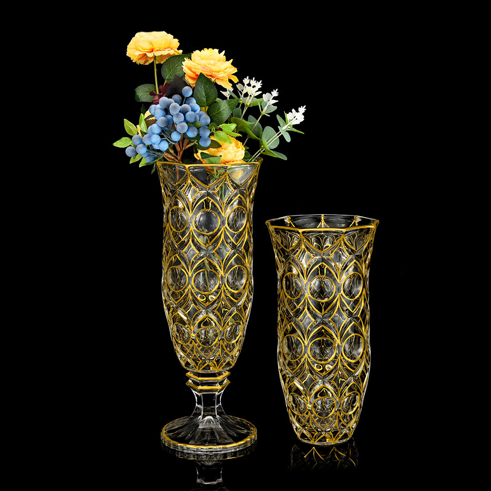 European Gold Painted Glass Flower Vase Classical Living Room Hydroponic Vase With Golden Rim