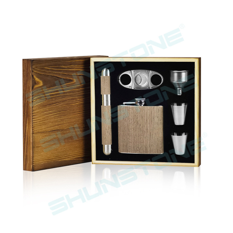 SHUNSTONE Natural Wood Bark Whiskey Hip Flask Metal Cigar Tube Whiskey Cigar Set Novelty Birthday Gift Set For Men