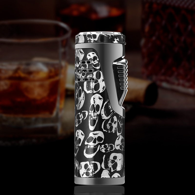 Multi-function Premium Metal Double Jet Blue Flame Butane Gas Refillable Cigar  Lighter With Punch And Clear Window