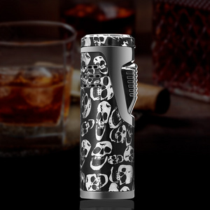 Multi-function Premium Metal Double Jet Blue Flame Butane Gas Refillable Cigar  Lighter With Punch And Clear Window