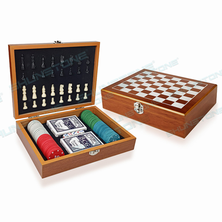 Novelty Chess Board Game Set With Games Chips And Poker Multi Function Game Chess Set Wooden Box