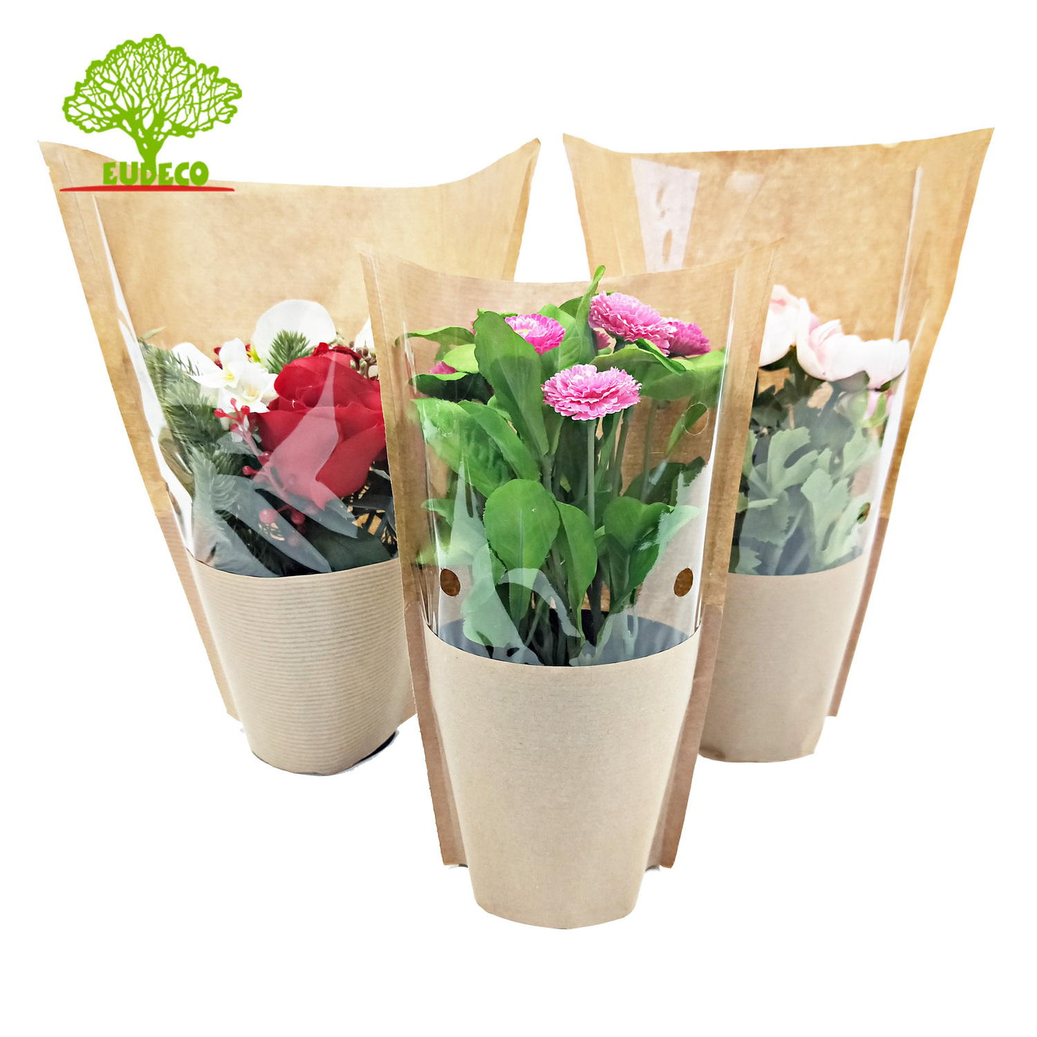 Customized Design Biodegradable Bopp+Kraft Paper Fresh Herbs Sleeve Living Lettuce Basil Salad Packaging Bag