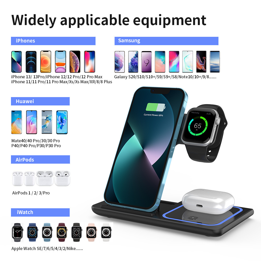 Logo Customize Light Foldable Mobile Phone Holder 3 In1 Wireless Charger For Iphone Android With Us Uk Eu Usb Qc3.0 Fast Charger