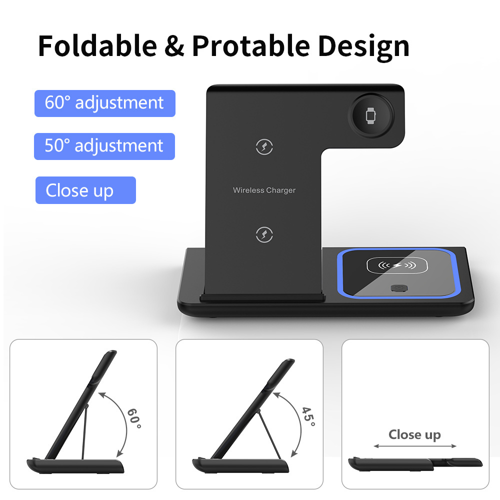 Logo Customize Light Foldable Mobile Phone Holder 3 In1 Wireless Charger For Iphone Android With Us Uk Eu Usb Qc3.0 Fast Charger