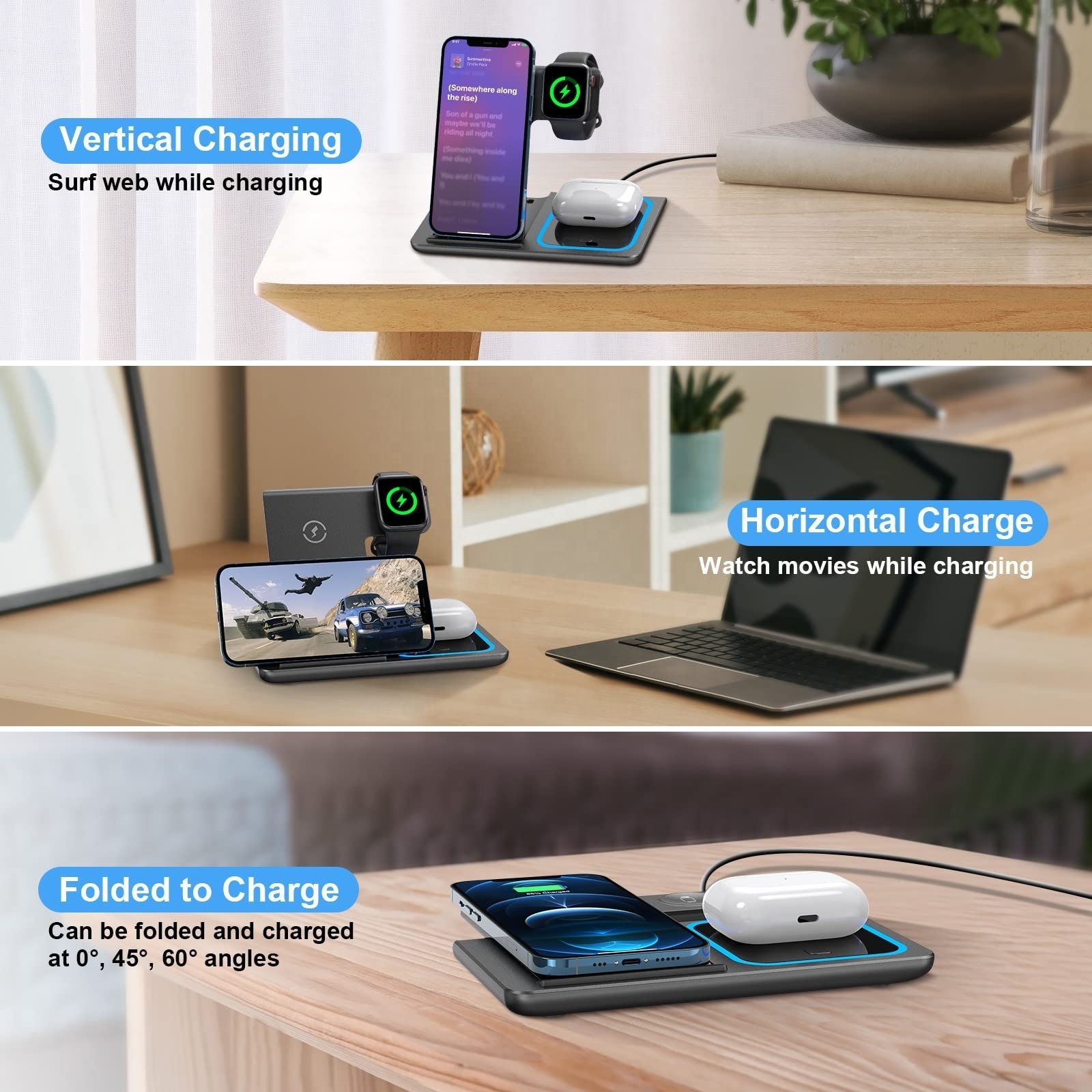 Cargador Inalmbrico Universel 3 En 1 15W Chargeur Induction Sans Fil Caricatore Charging Docking Station 3 In 1 Wireless Charger