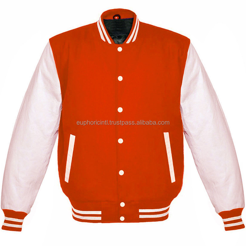 High Quality Custom Cheap orange white Wool Jacket With Leather Sleeves Varsity Jacket Wholesale Letterman College Jackets  logo