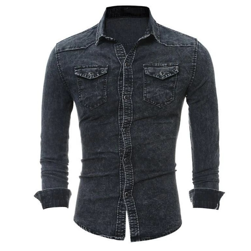 cross border foreign trade new style black color Europe and America simple long sleeve denim shirt men's fashion large shirt