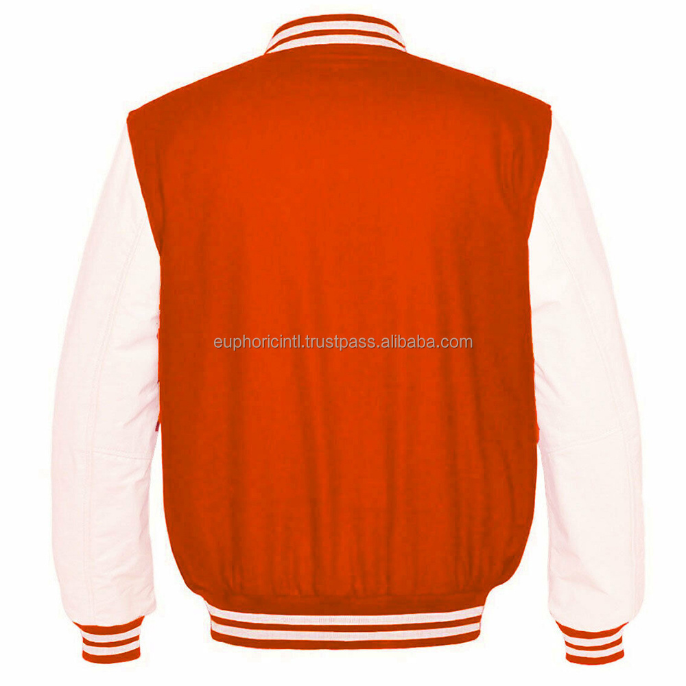 High Quality Custom Cheap orange white Wool Jacket With Leather Sleeves Varsity Jacket Wholesale Letterman College Jackets  logo