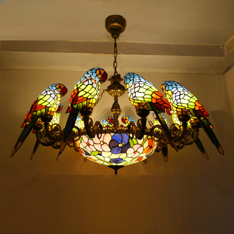 American Parrot Chandelier Retro Art Multi-head Luxury Lamp Stained Glass Bar Restaurant Living Room Parrot Chandelier