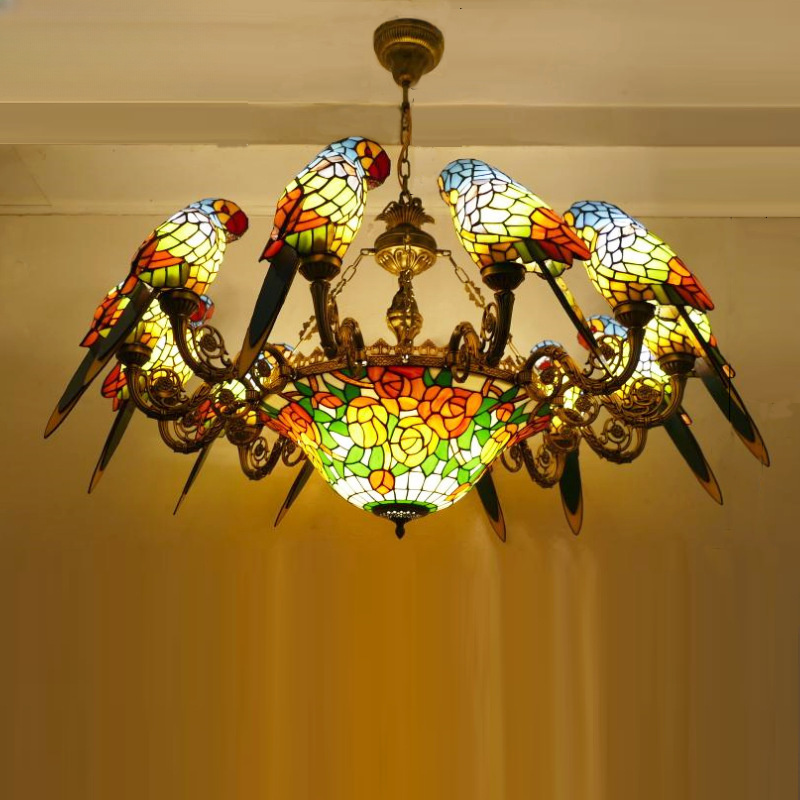 American Parrot Chandelier Retro Art Multi-head Luxury Lamp Stained Glass Bar Restaurant Living Room Parrot Chandelier