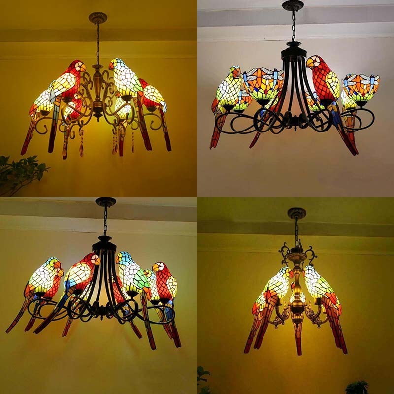 European Retro Creative Parrot Lamp Restaurant Parrot Chandelier Stained Glass Home Decoration Tiffany Chandelier