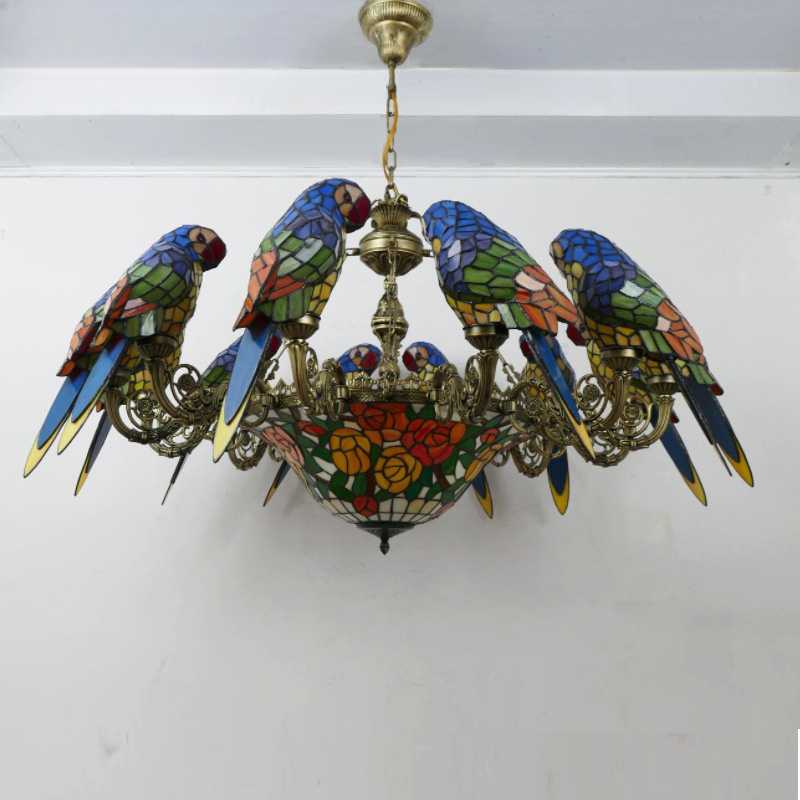 American Parrot Chandelier Retro Art Multi-head Luxury Lamp Stained Glass Bar Restaurant Living Room Parrot Chandelier