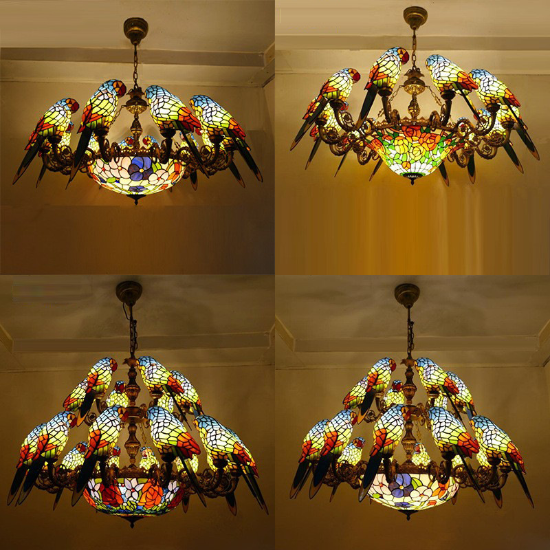 American Parrot Chandelier Retro Art Multi-head Luxury Lamp Stained Glass Bar Restaurant Living Room Parrot Chandelier