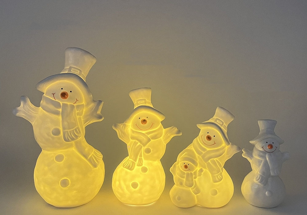 Hot sale  LED ornaments gift ceramic  decoration Christmas snowman figurine for home decor