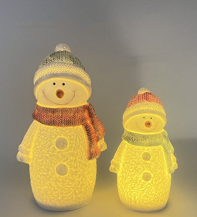 Hot sale  LED ornaments gift ceramic  decoration Christmas snowman figurine for home decor