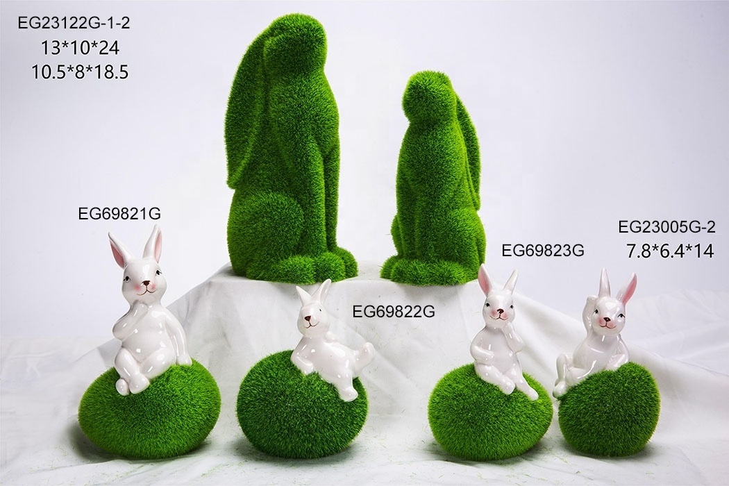 Wholesale cheap Easter green flocking ceramic bunny