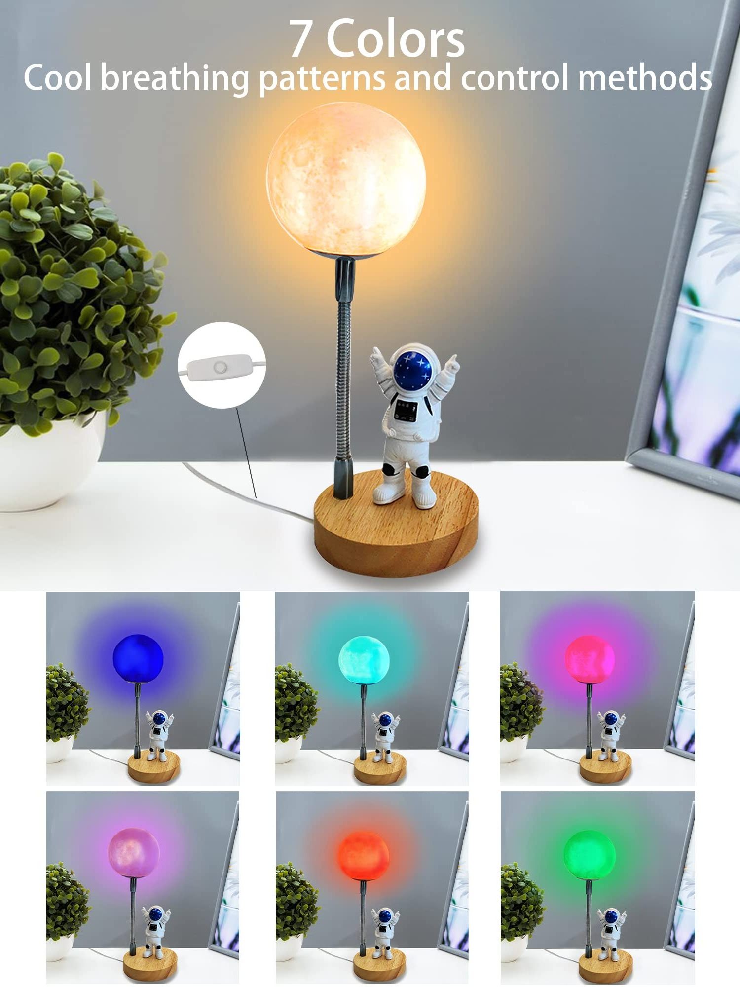 Moon Table Lamp For Kids Space Buddy Light With 7 Color Astronaut Night Light USB Powered And Button Control 3D Lamp Table