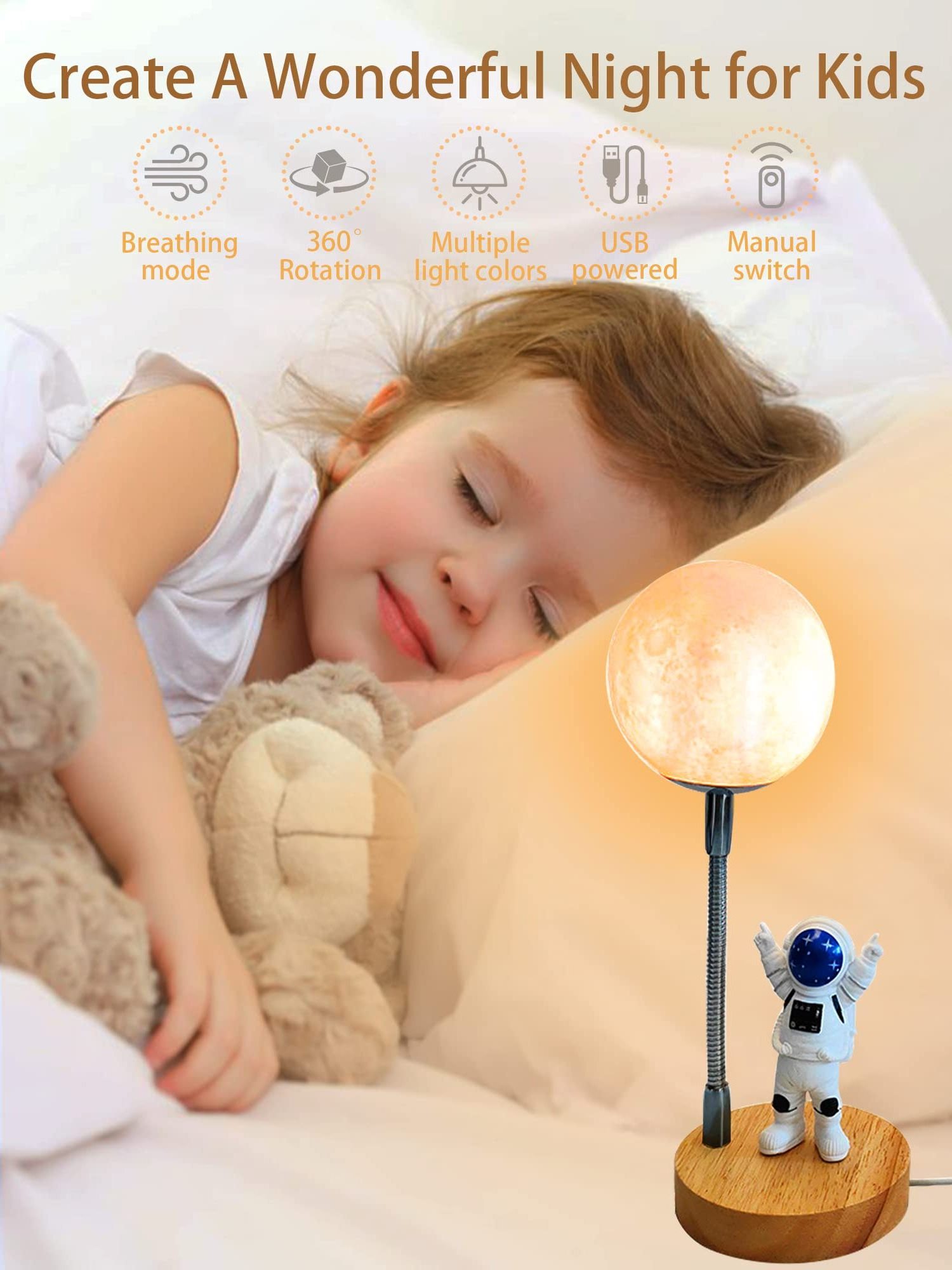 Moon Table Lamp For Kids Space Buddy Light With 7 Color Astronaut Night Light USB Powered And Button Control 3D Lamp Table