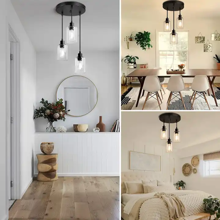 Restaurant Glass Vintage chandelier Industrial Kitchen Led Three Bulb Black Ceiling Lamp Pendant Light Fixture Lights Chandelier