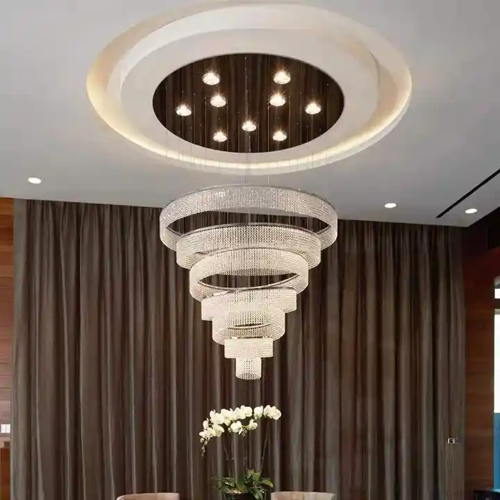 Customized Ceiling Round Chrome Led Modern Lighting Large Chandelier Luxury Hanging Spiral Circle Crystal Pendant Light