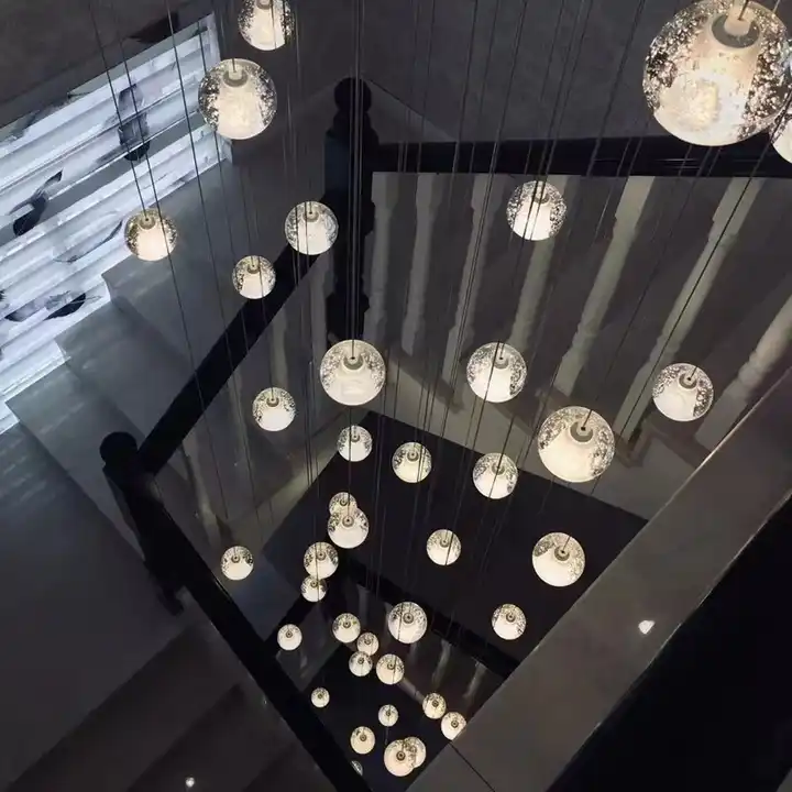 Custom decorative large hotel foyer modern staircase chandeliers  luxury hanging lights led crystal white large ball chandelier