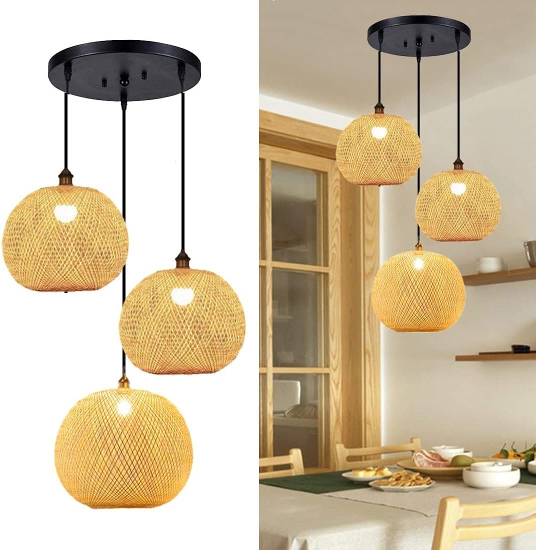 Retro Rustic Bamboo Wicker Rattan Round Japanese style Chandelier Ceiling Hanging Light for Farmhouse Restaurant Cafe Teahouse