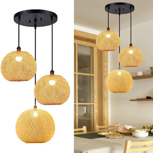 Retro Rustic Bamboo Wicker Rattan Round Japanese style Chandelier Ceiling Hanging Light for Farmhouse Restaurant Cafe Teahouse