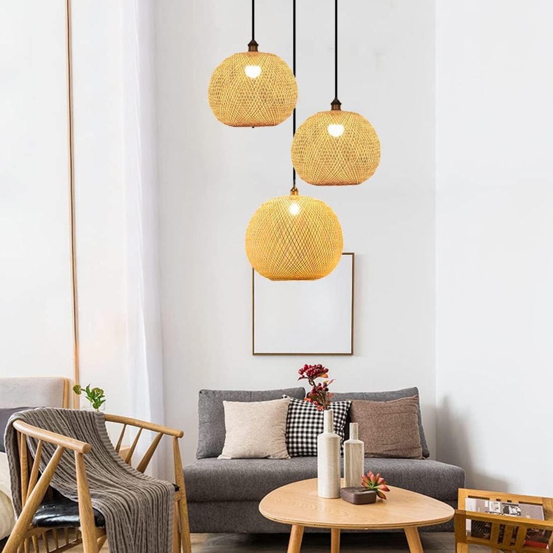 Retro Rustic Bamboo Wicker Rattan Round Japanese style Chandelier Ceiling Hanging Light for Farmhouse Restaurant Cafe Teahouse