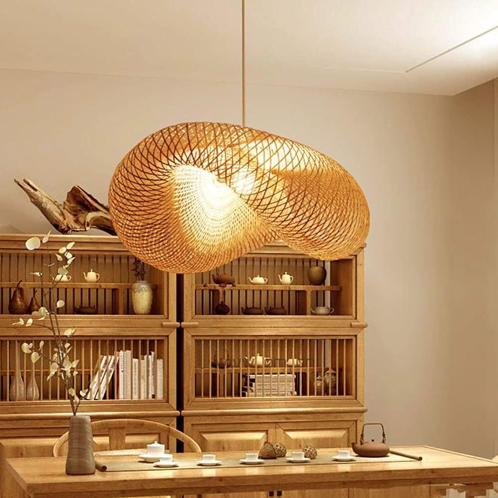 Japanese Bamboo Woven Pendant Light Antique Lantern Ceiling Lamp Hanging Chandelier Wicker Light with Cloud Shade