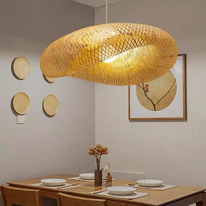 Japanese Bamboo Woven Pendant Light Antique Lantern Ceiling Lamp Hanging Chandelier Wicker Light with Cloud Shade