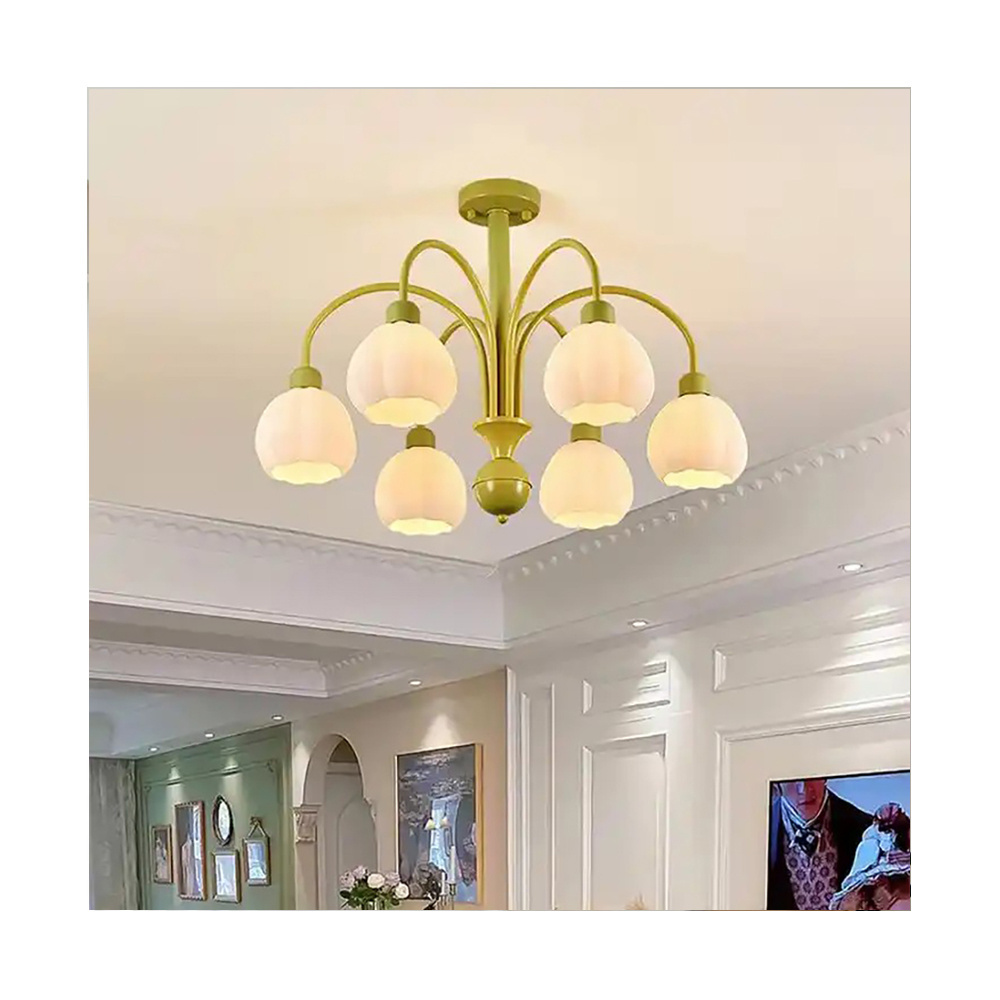 Creative Engineering High Ceiling Dining Table Flower Chandelier Pumpkin Glass Ins Cream Wind LED Pendant Light For Bedroom