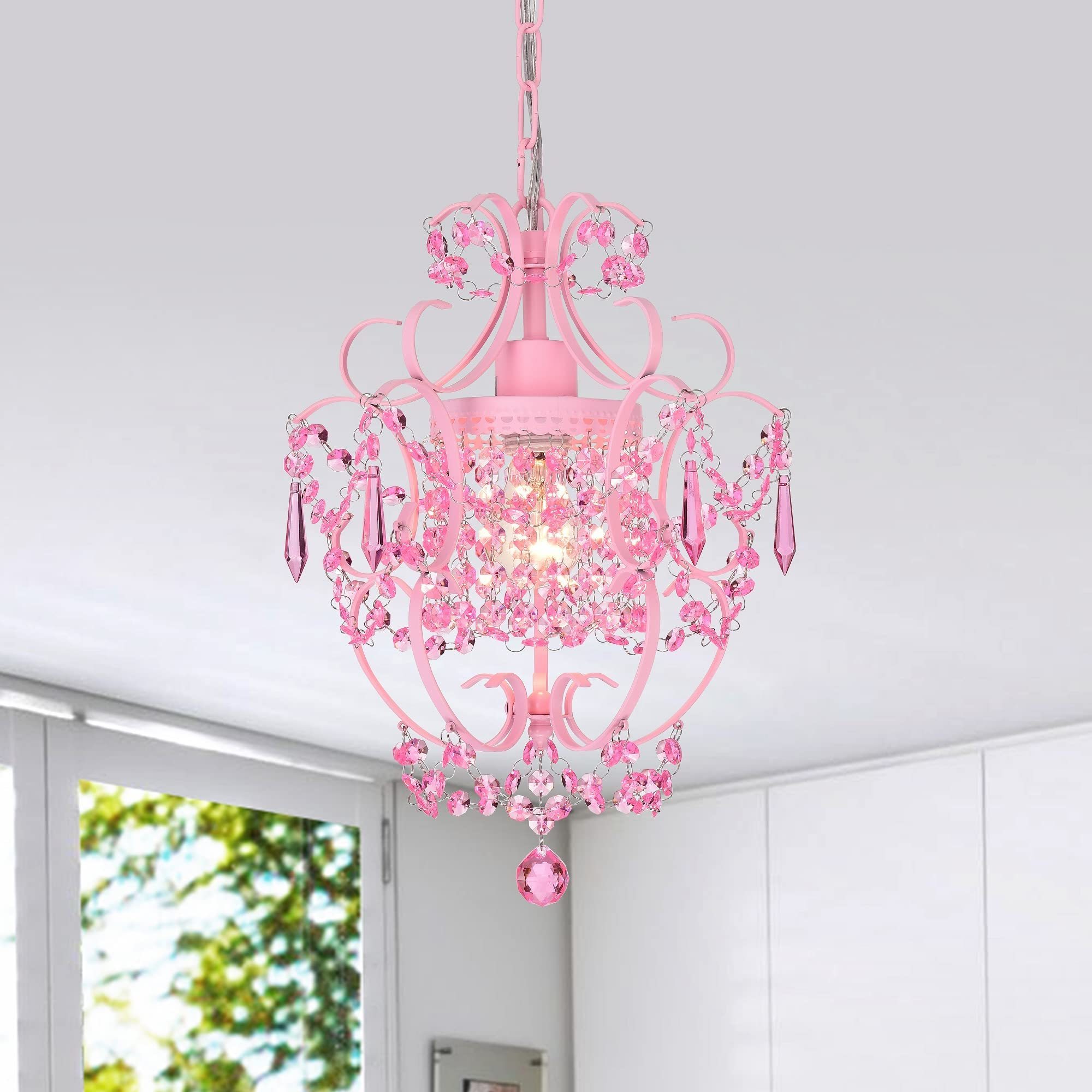 Antique House Pink Chandelier Mini Crystal Chandeliers Light Fixture 1 Light Small Chandelier for Girls Room