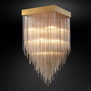 Modern Luxury Interior Decoration Led Copper Industrial Lighting Crystal Glass Rod Cascada Square Chandelier