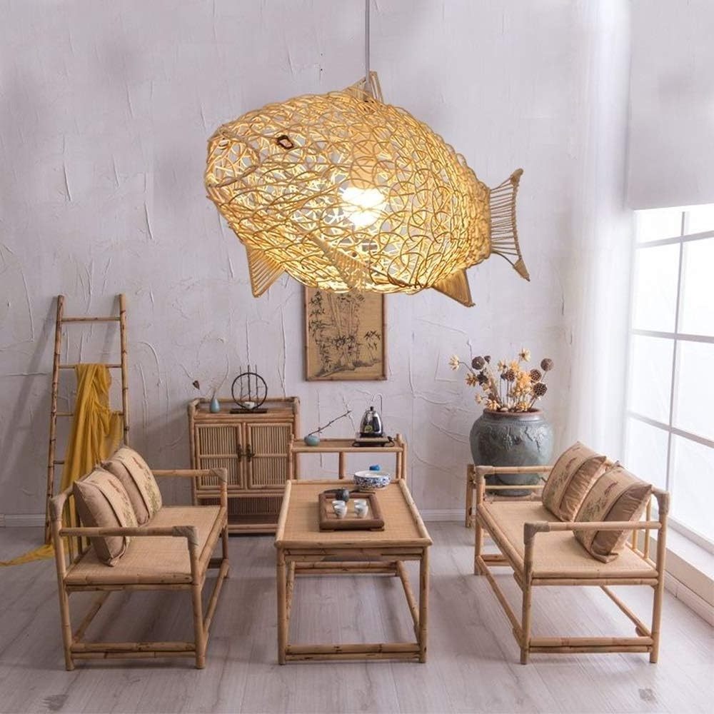 Japanese style Fish-Shaped Lantern Pendant Lighting Rattan Light fixture Weaving Natural Bamboo Ceiling Light for Dining Room