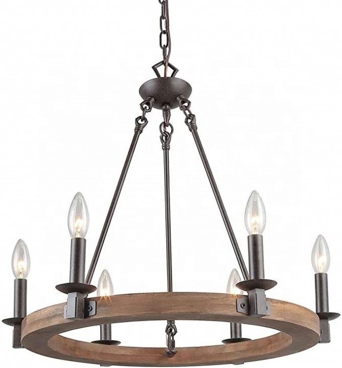 arge Rustic Farmhouse Wagon Wheel Chandelier, Round Kitchen Island Light, Textured Black Accents + Warm Oak Wood Style Finish