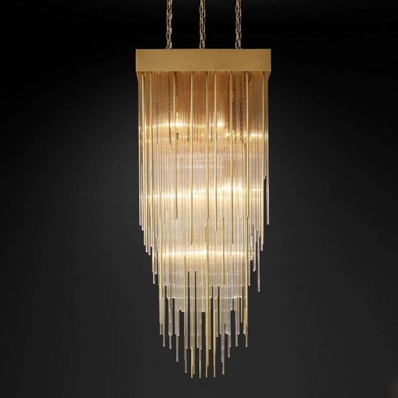 Modern Luxury Interior Decoration Led Copper Industrial Lighting Crystal Glass Rod Cascada Square Chandelier