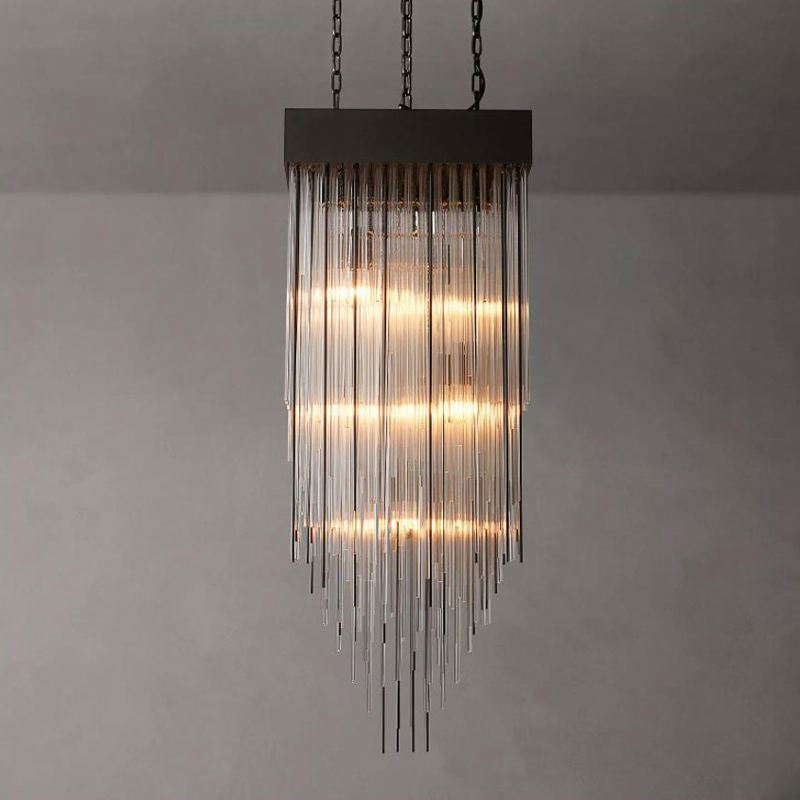 Modern Luxury Interior Decoration Led Copper Industrial Lighting Crystal Glass Rod Cascada Square Chandelier