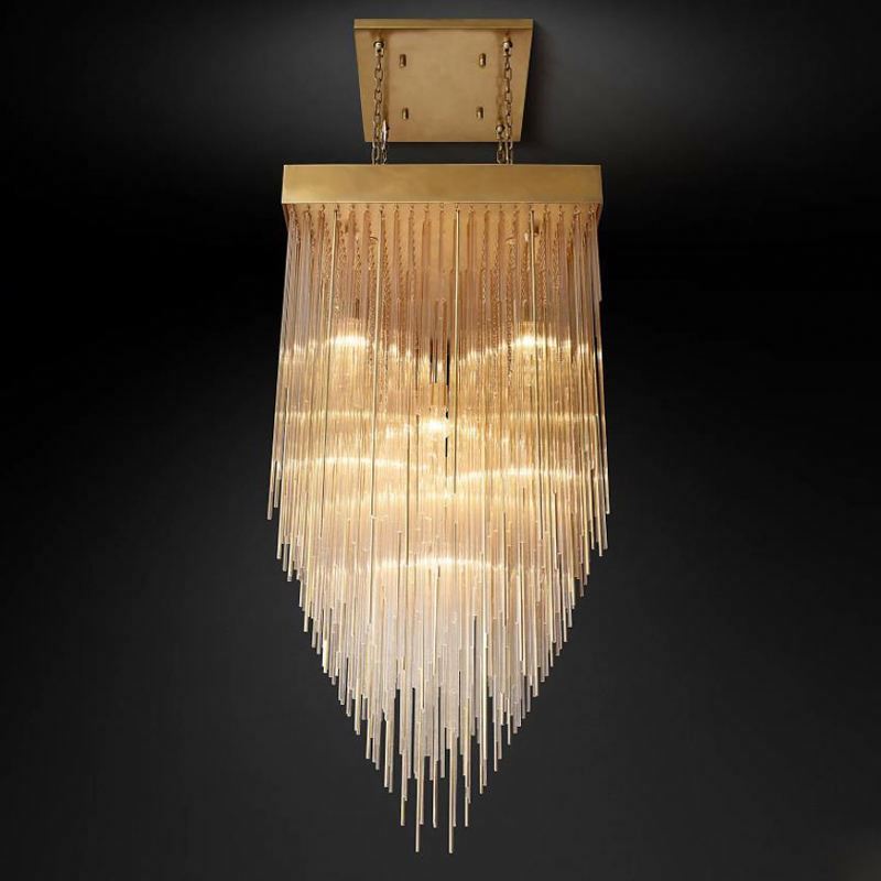 Modern Luxury Interior Decoration Led Copper Industrial Lighting Crystal Glass Rod Cascada Square Chandelier