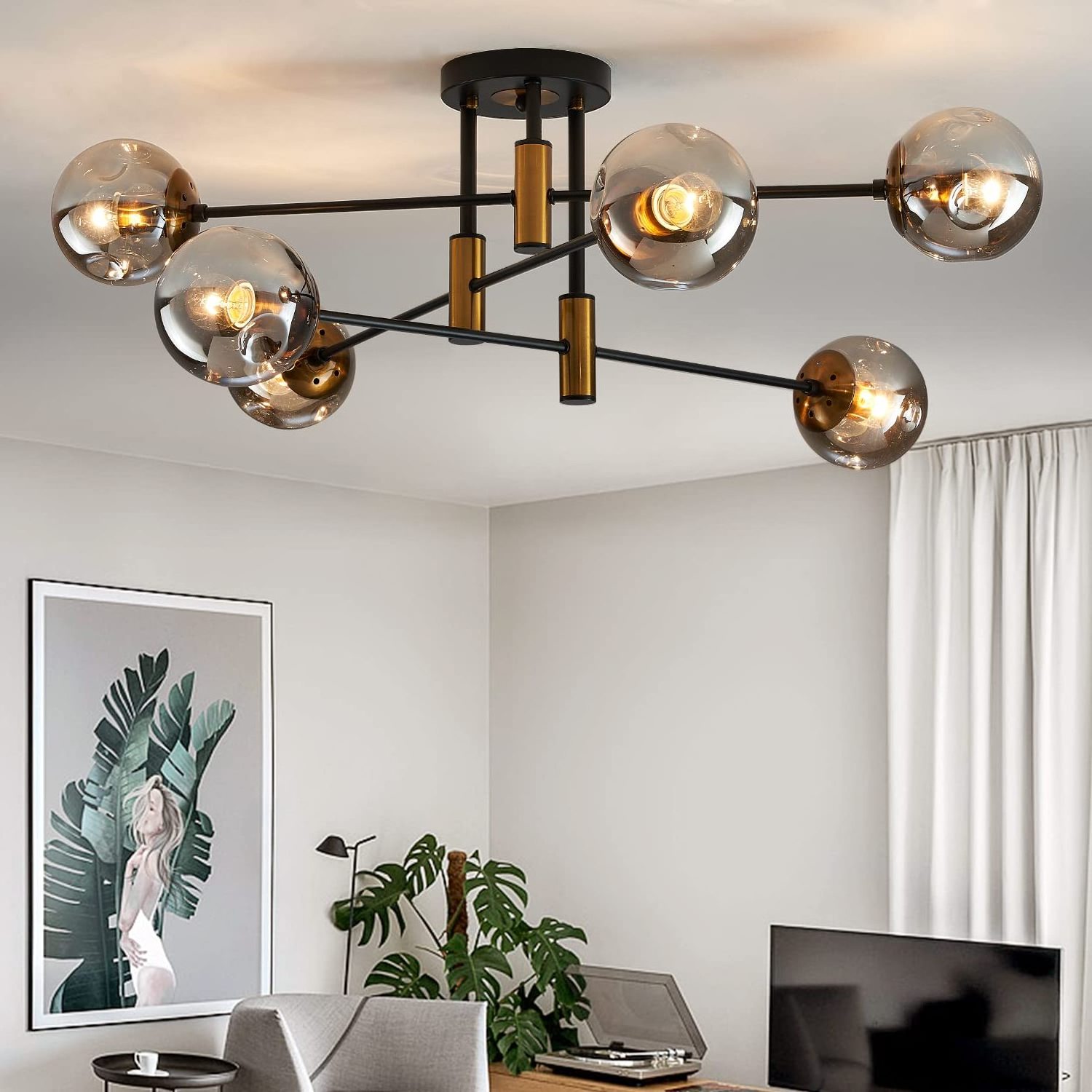 Glass Globe Sputnik Chandelier Modern Matte Black And Gold Ceiling Light Chandelier For Bedroom Hanging Chandeliers For Living