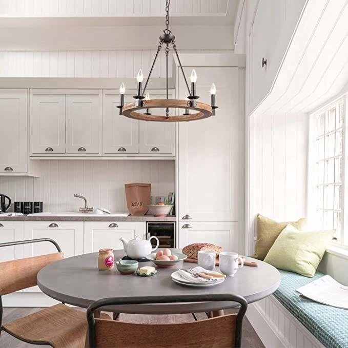 arge Rustic Farmhouse Wagon Wheel Chandelier, Round Kitchen Island Light, Textured Black Accents + Warm Oak Wood Style Finish