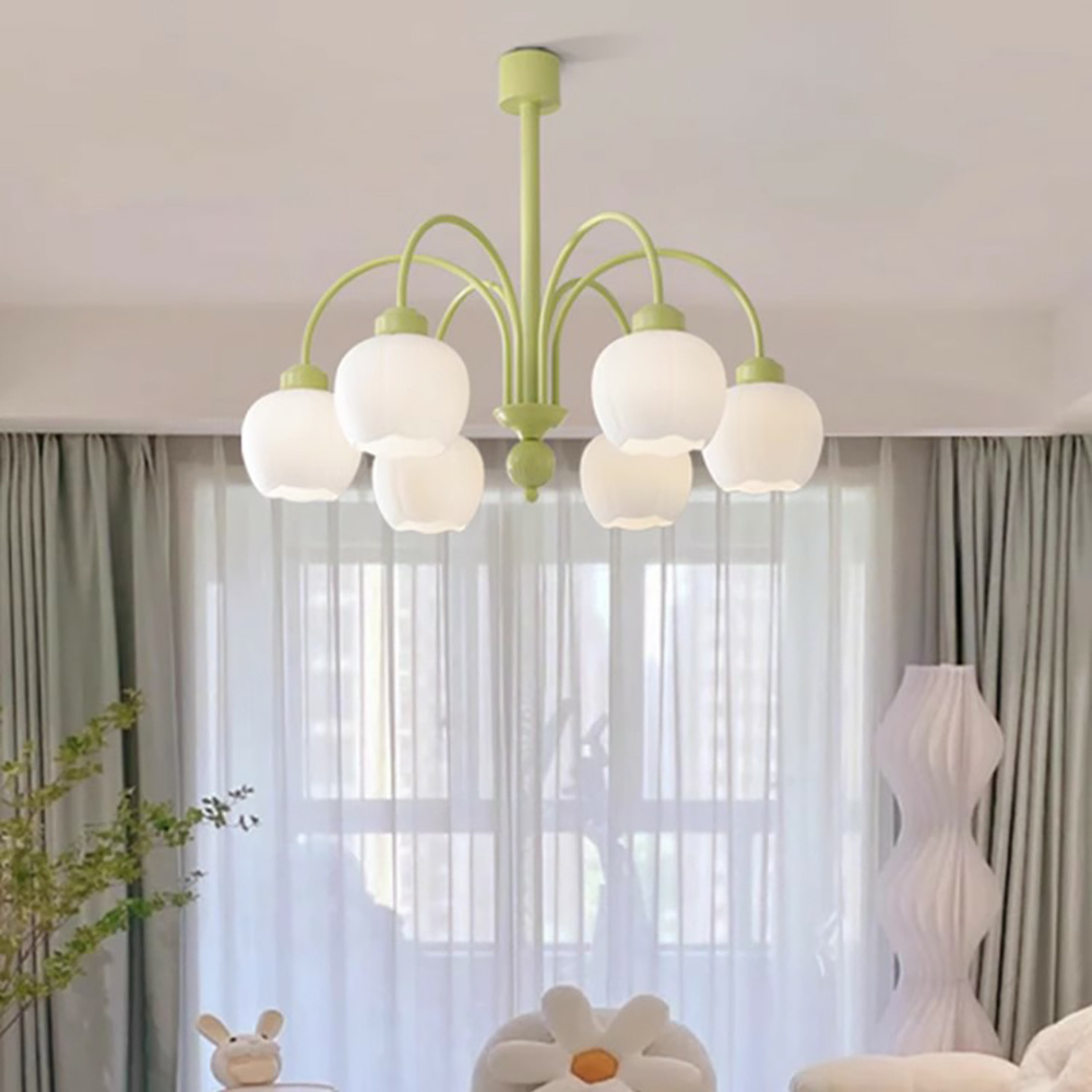 Creative Engineering High Ceiling Dining Table Flower Chandelier Pumpkin Glass Ins Cream Wind LED Pendant Light For Bedroom