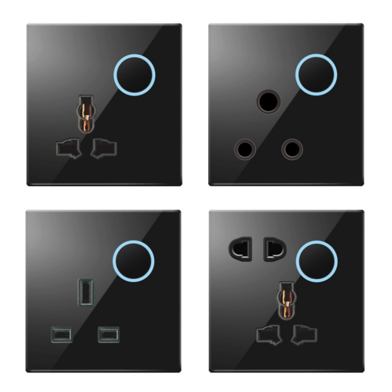 Eurob Luxury Black Electrical Sockets Wall Switch with LED Light UK EU Standard Power Switches and Sockets