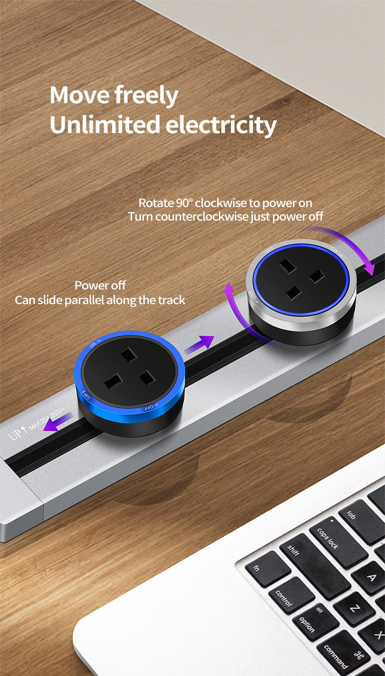 Wall Mounted Removable Power Track Socket P2 Series Surface Track Outlet Black  40cm with 2 LED Adapters