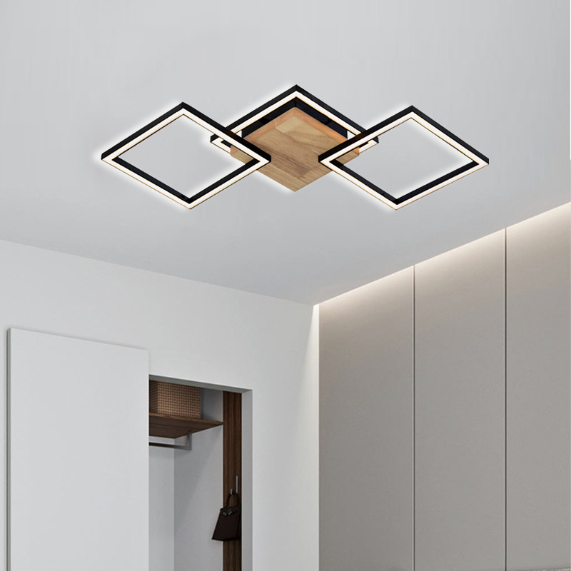 Three-Square-Line Frames Design Sand Black Wood Decor LED Ceiling Light Fixture Surface Mount Ceiling Lamp for Room