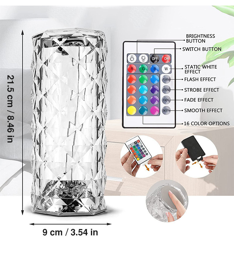 Touch control Rose Crystal lamp rechargeable RGB color changing crystal table lamp